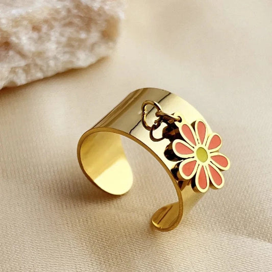 Bijoux Charm Bague charm ajustable à fleur rouge et dorée