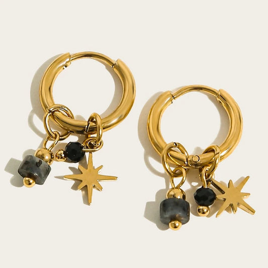 Bijoux Charm Boucles d'oreilles créoles avec charms noirs et étoile dorée