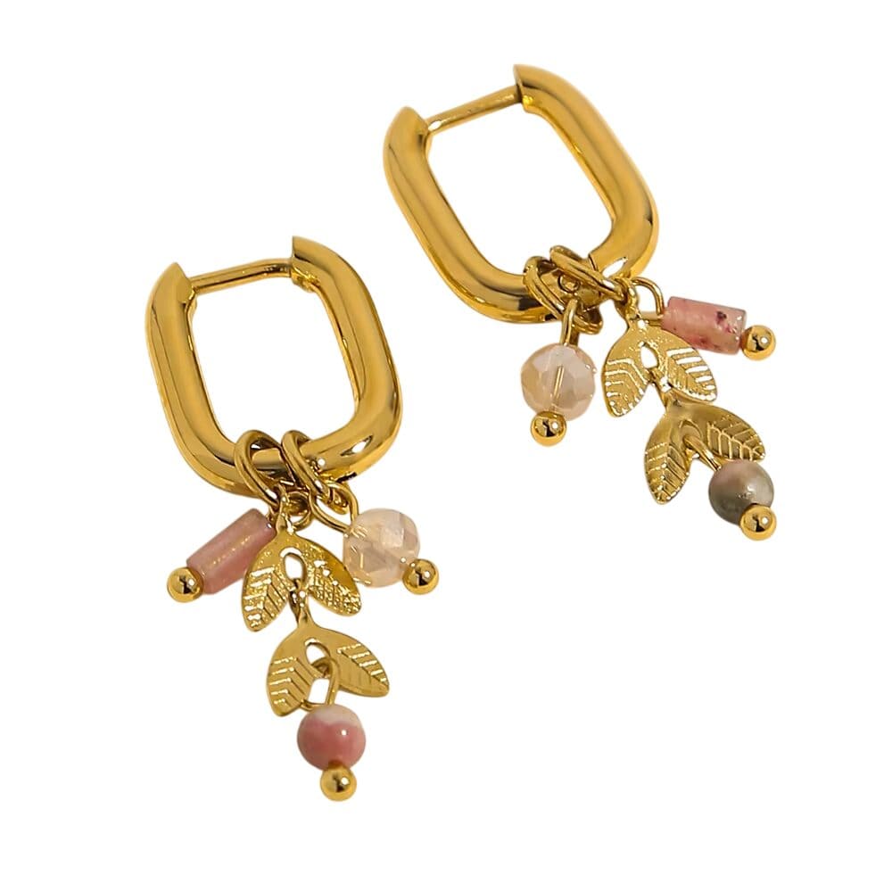 Bijoux Charm Boucles d'oreilles créoles avec charms roses et feuilles dorées