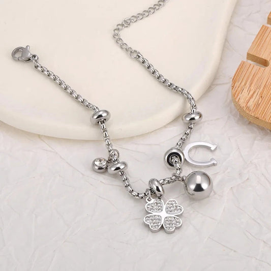 Bijoux Charm Bracelet à Charm Argenté avec Clips et Trèfle à 4 Feuilles