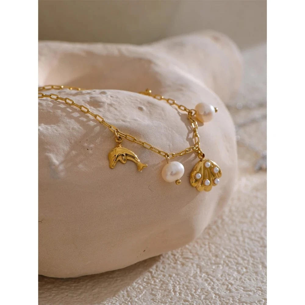 Bijoux Charm Bracelet à Charm avec Coquillage Perlé Doré