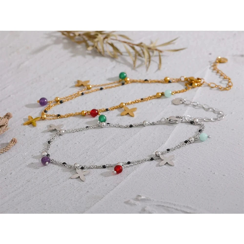 Bijoux Charm Bracelet à charms croix argentées et pierres naturelles