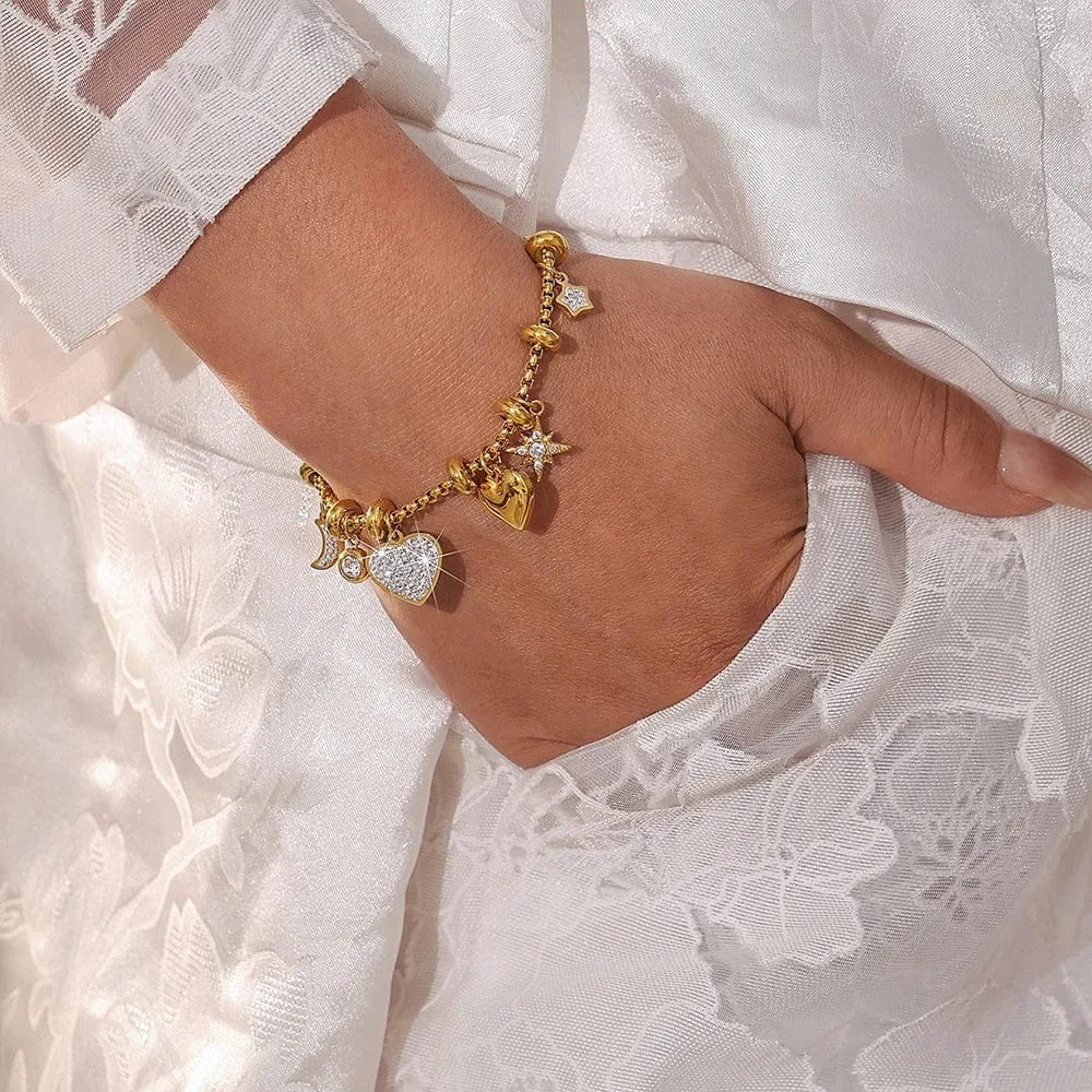 Bijoux Charm Bracelet à Charms doré avec clips et coeurs brillants