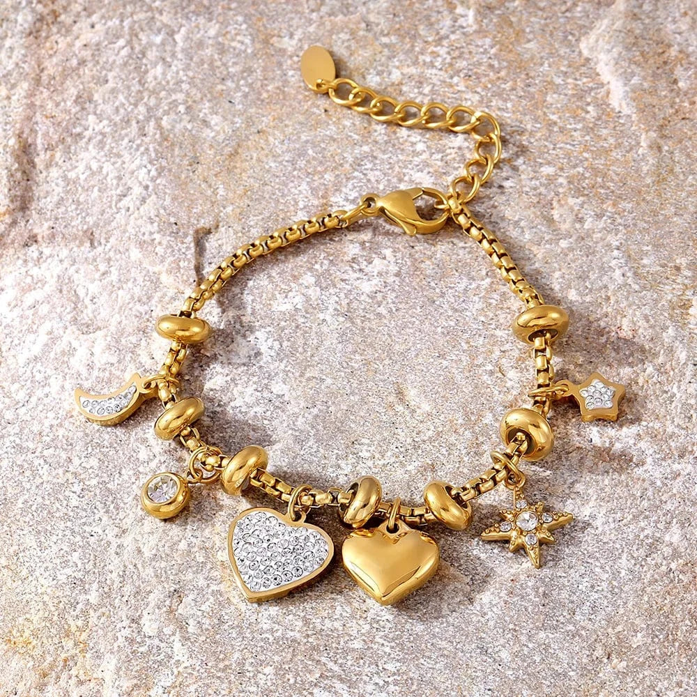Bijoux Charm Bracelet à Charms doré avec clips et coeurs brillants