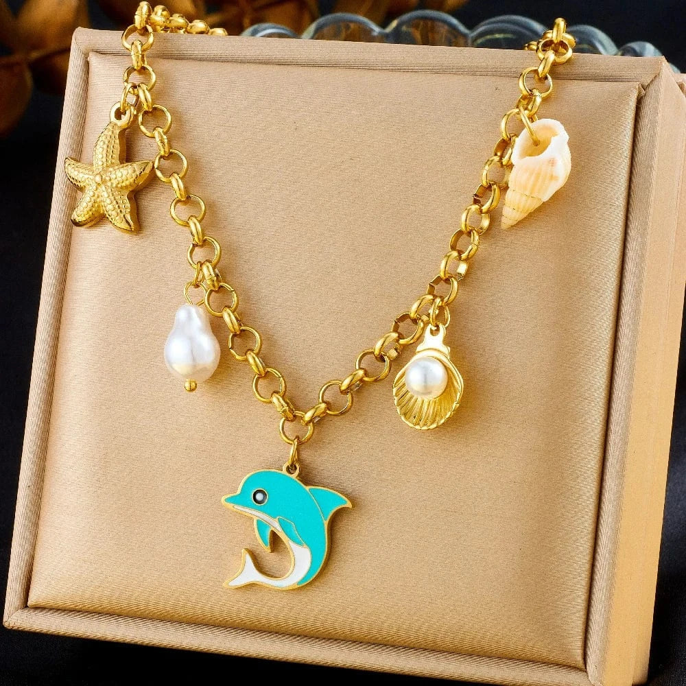 Bijoux Charm Collier à charm's avec dauphin bleu doré