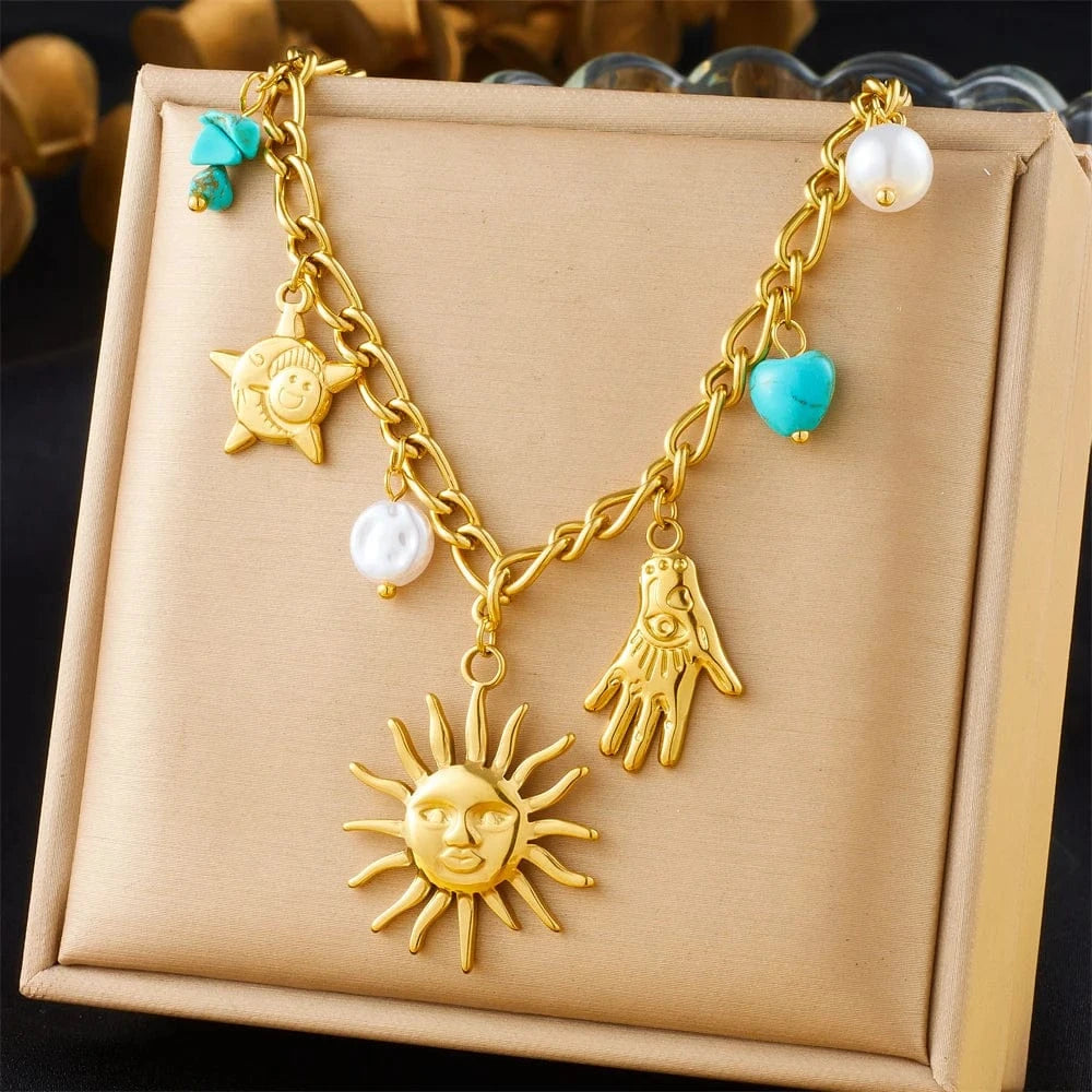 Bijoux Charm Collier à charmes doré avec soleil souriant