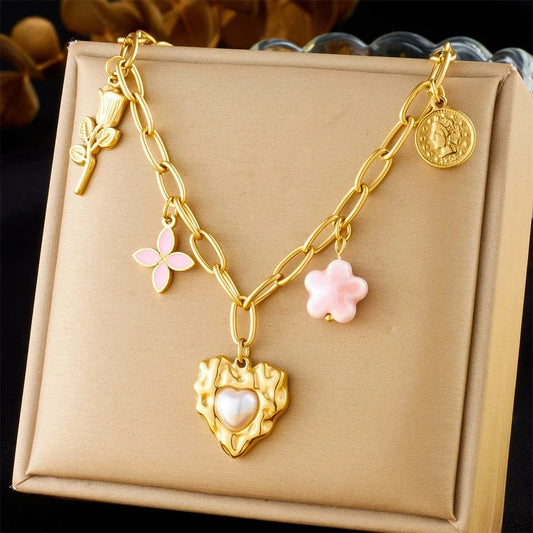 Bijoux Charm Collier à charms avec coeur nacré doré