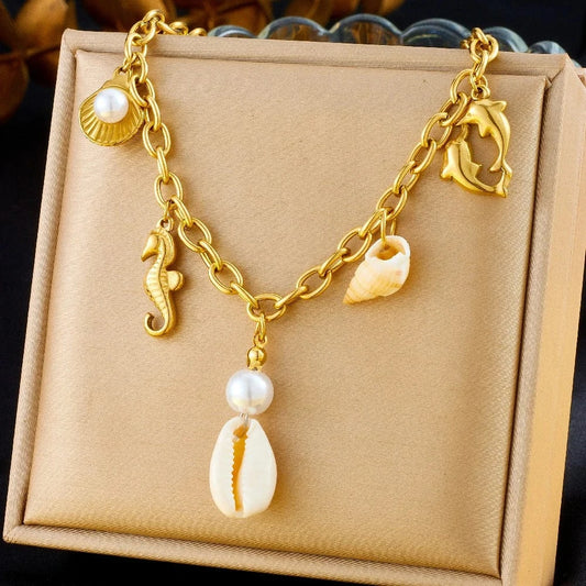 Bijoux Charm Collier à charms avec coquillage blanc et doré