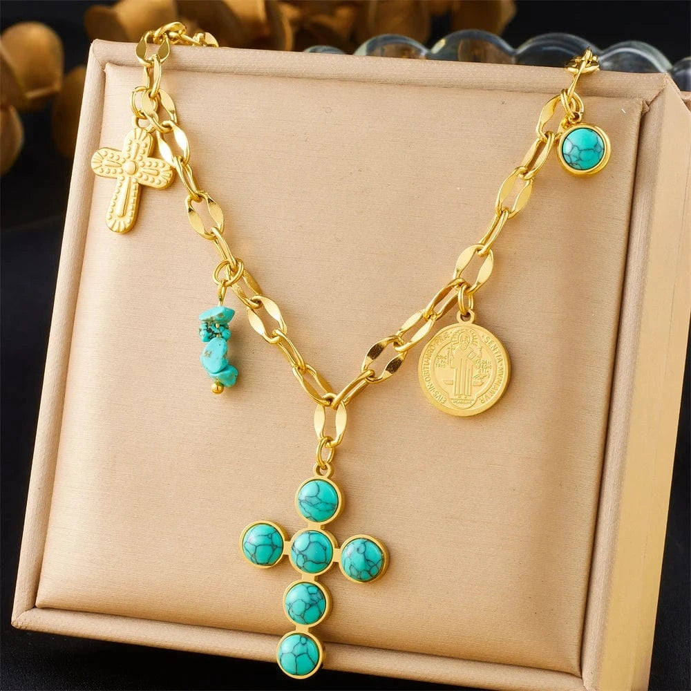 Bijoux Charm Collier à charms avec croix verte et doré