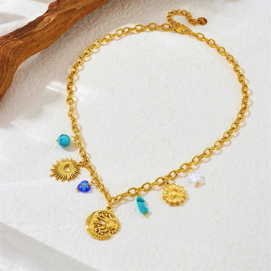 Bijoux Charm Collier à charms avec lune et soleil doré