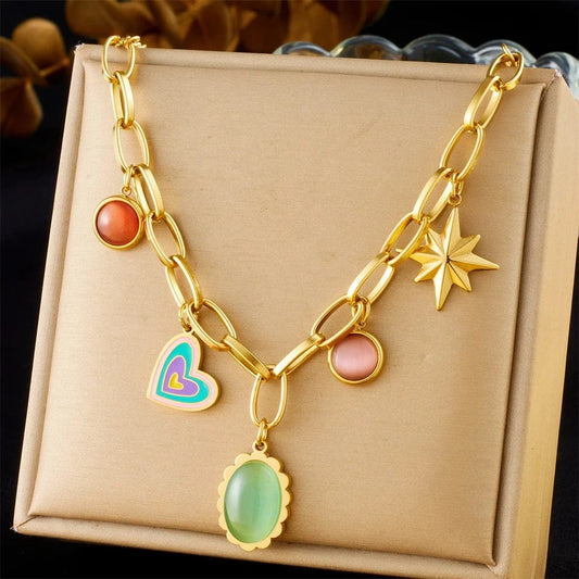 Bijoux Charm Collier à charms avec pierre verte doré