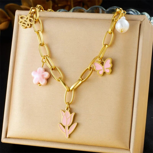 Bijoux Charm Collier à charms doré et fleur rose