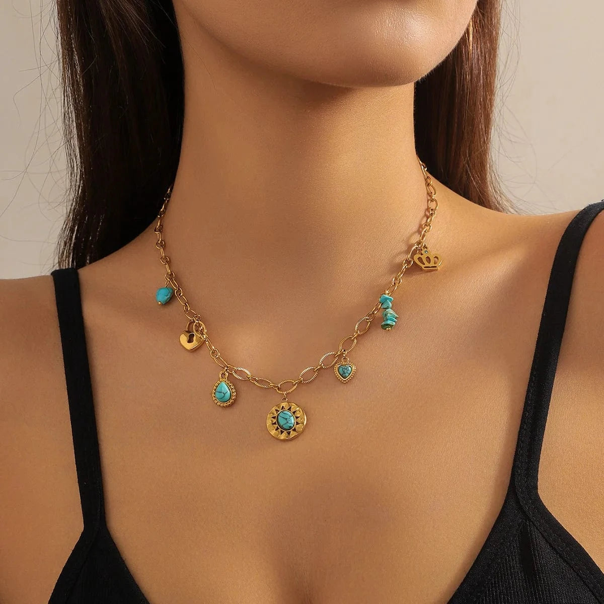 Bijoux Charm Collier à charms doré et turquoises