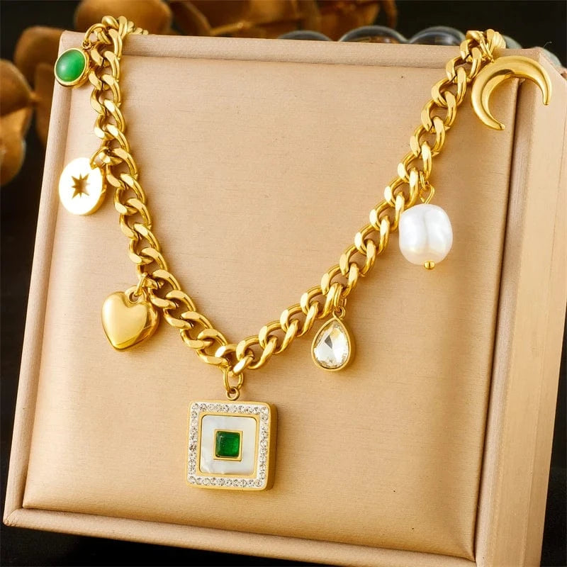 Bijoux Charm Collier à charms doré, vert et pierres