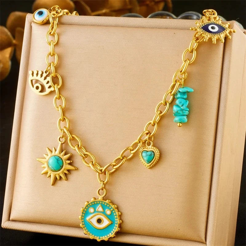 Bijoux Charm Collier à charms dorés œil bleu