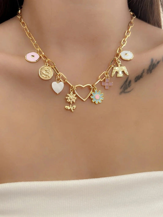 Bijoux Charm Collier à charms fleurs doré