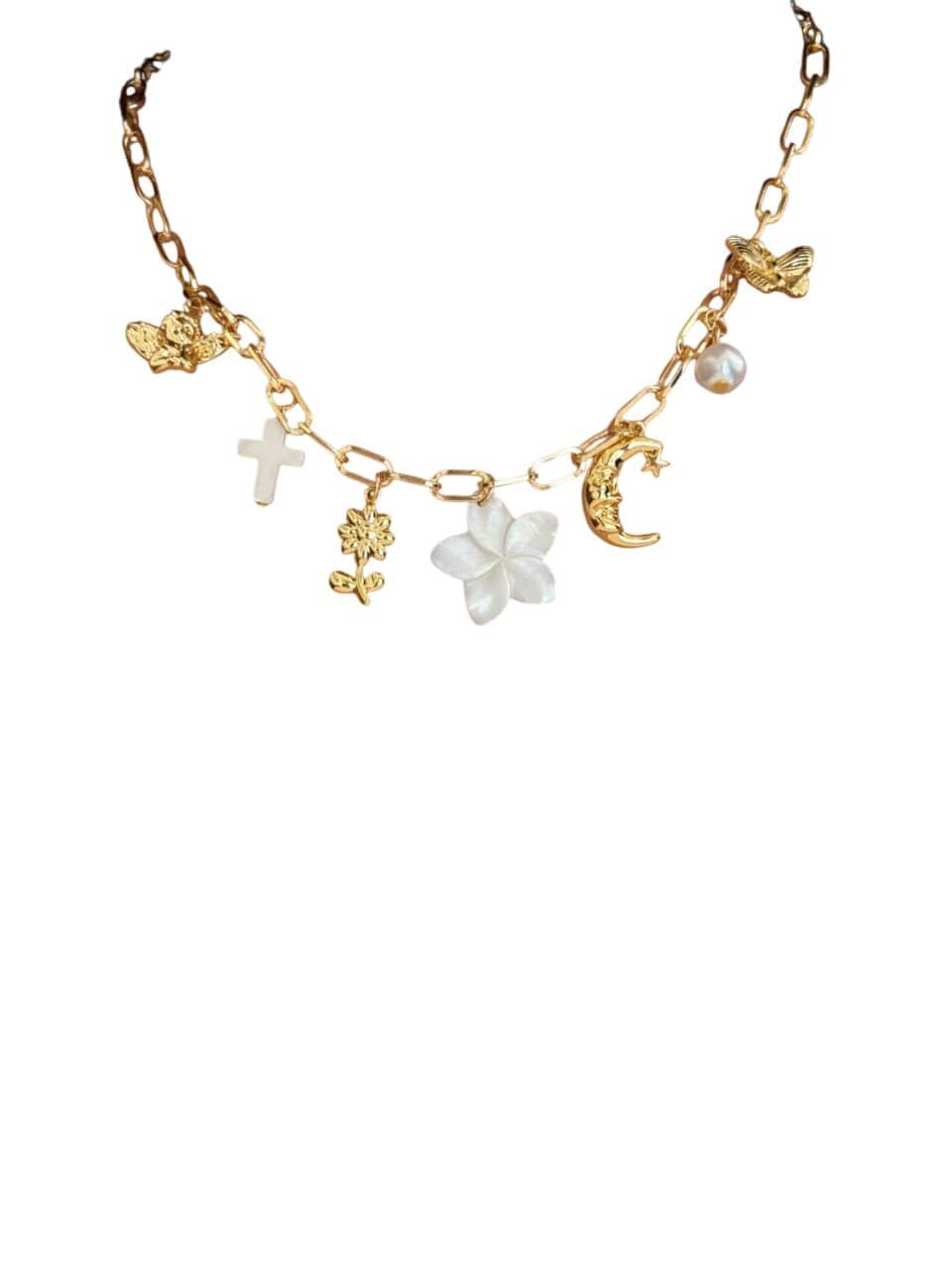 Bijoux Charm Collier charm fleur blanche doré