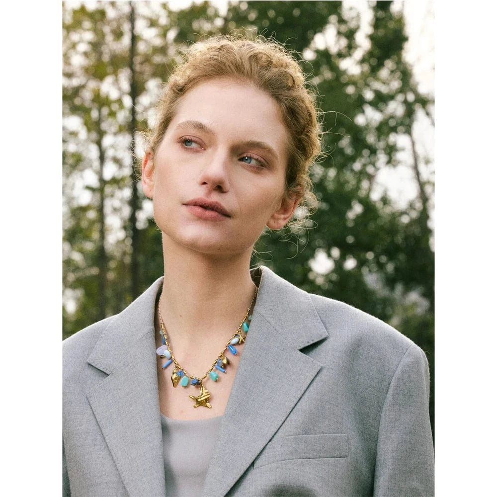 Bijoux Charm Collier Charms Corail Bleu et Doré