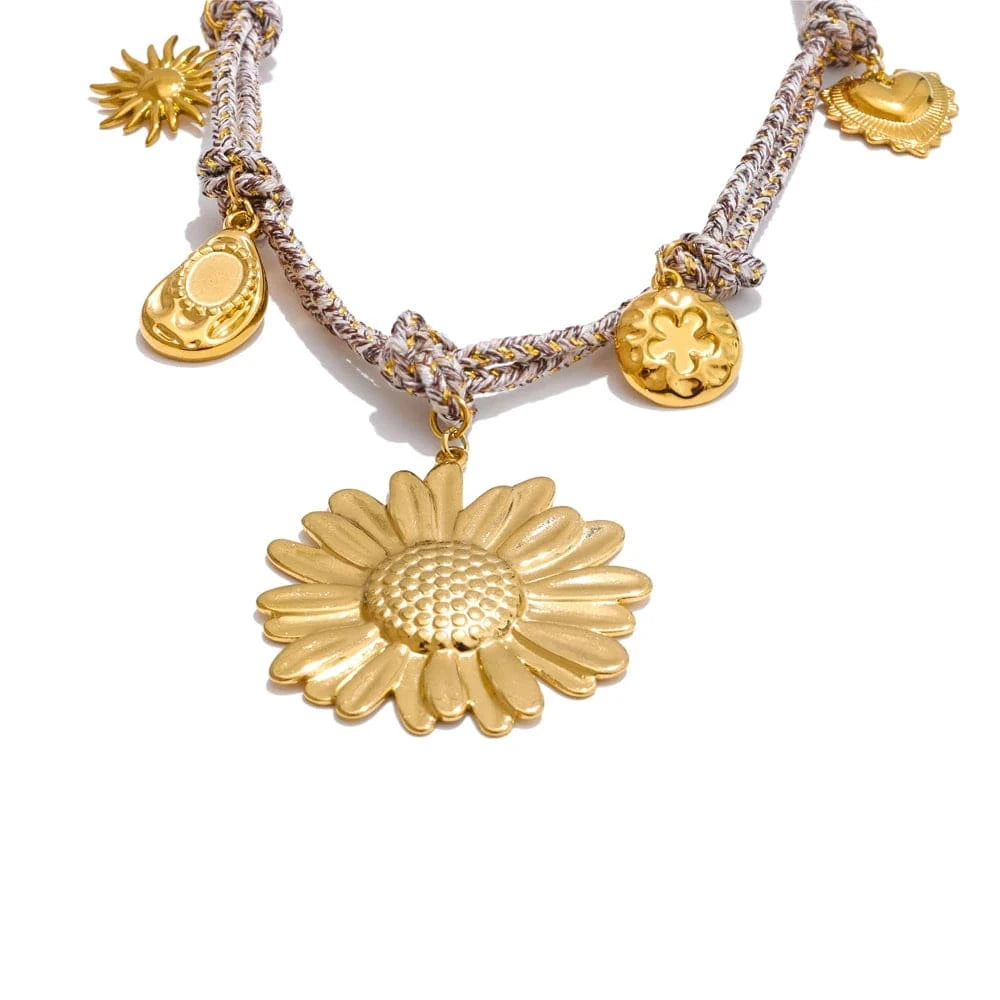 Bijoux Charm Collier Charms Fleurs Dorées et Corde