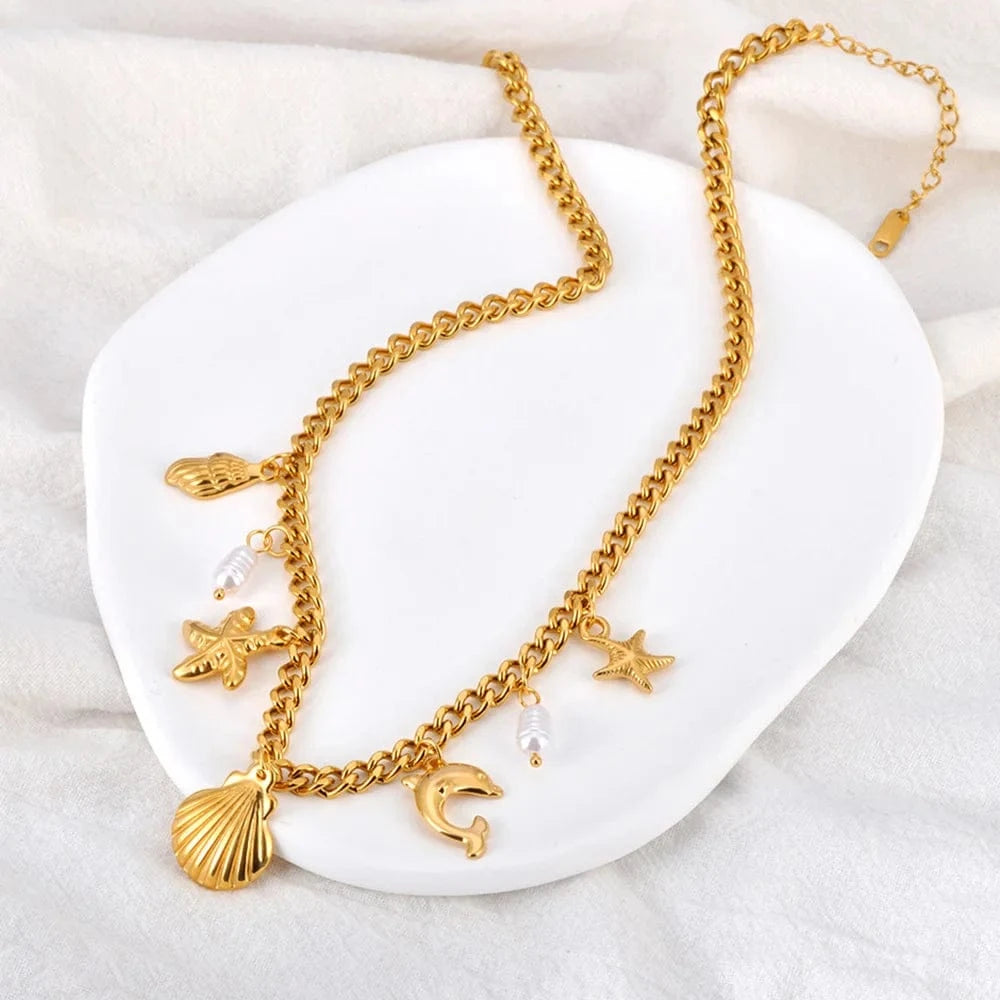 Bijoux Charm Collier doré à charms avec coquillage