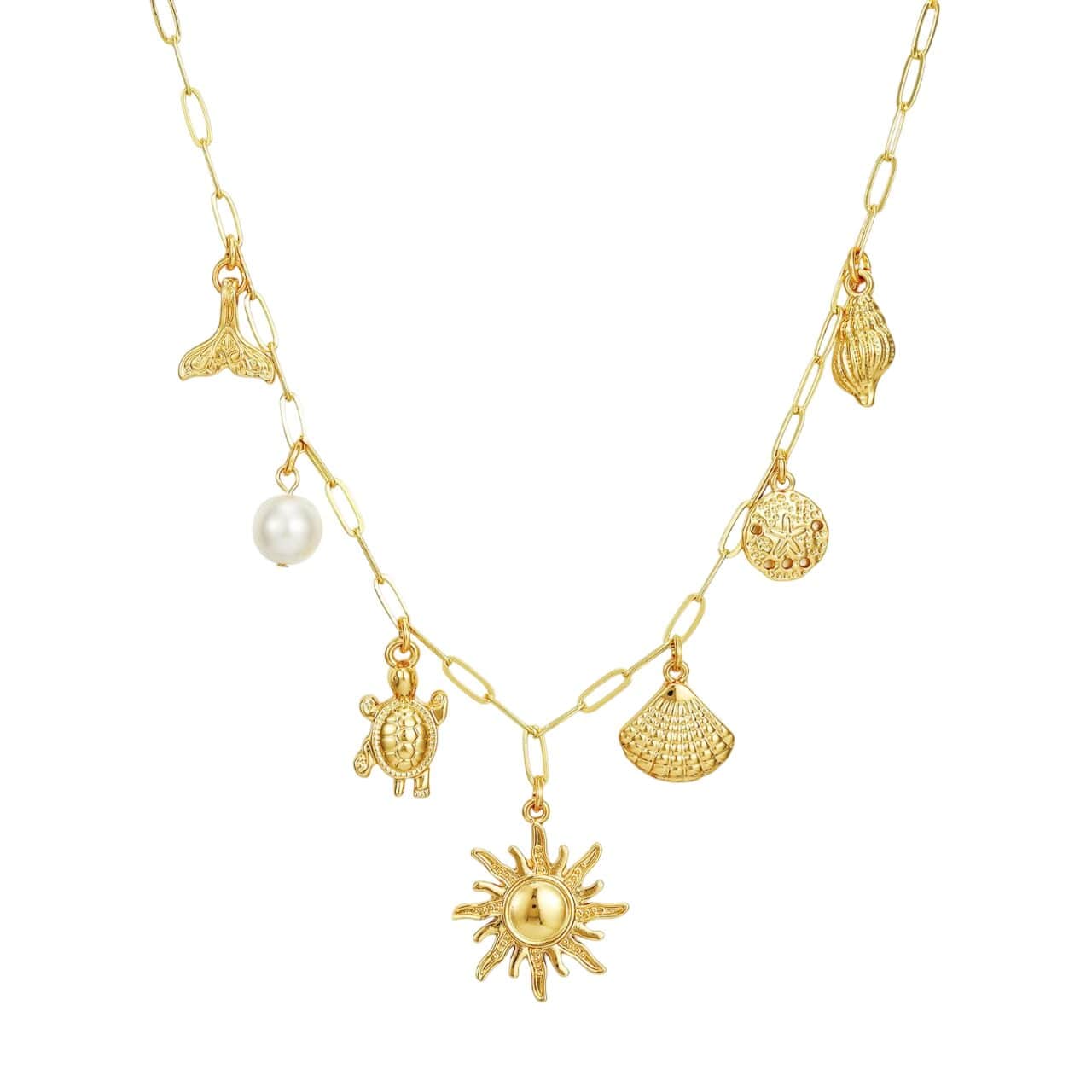 Bijoux Charm Collier doré à charms soleil, coquillages et mer