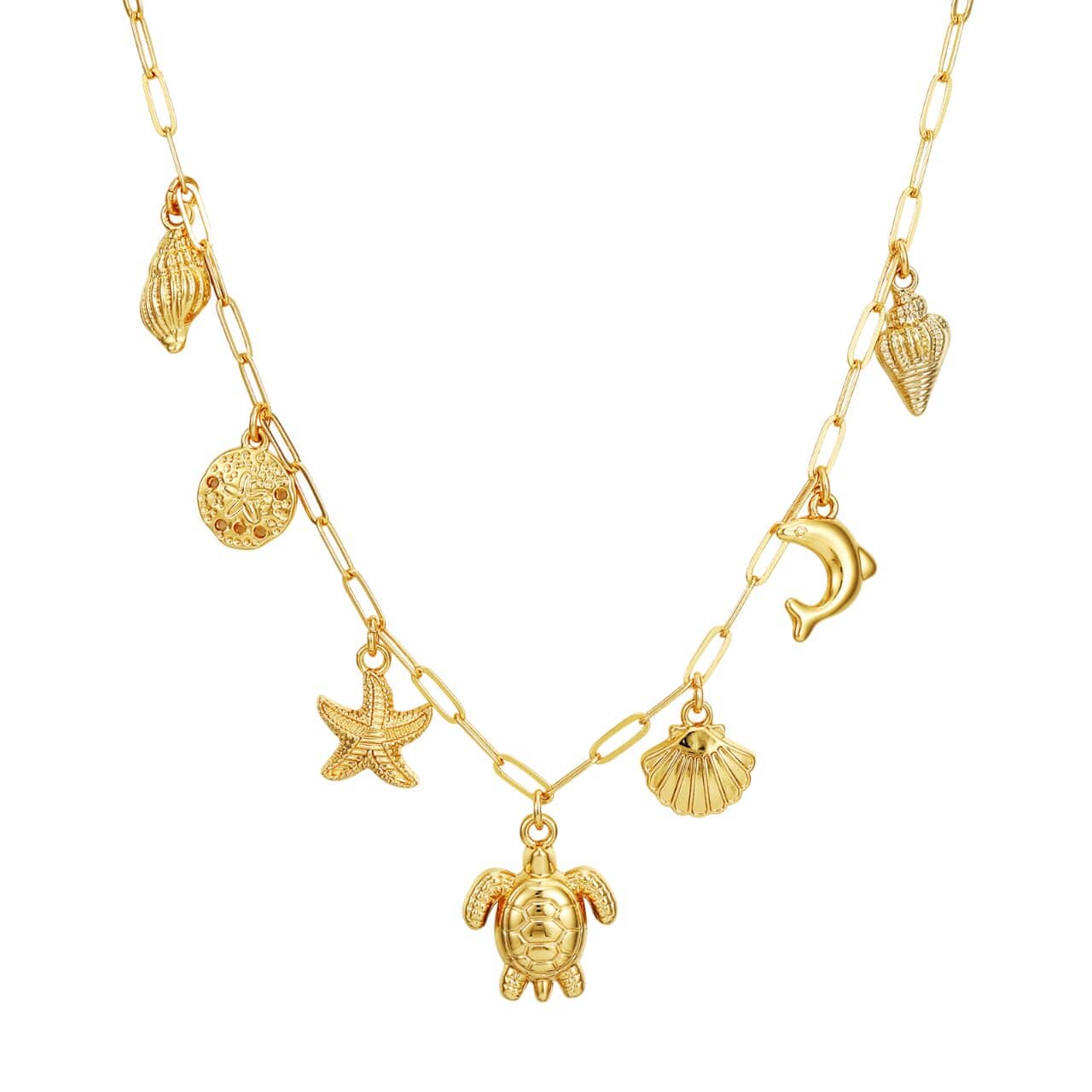 Bijoux Charm Collier doré à charms tortue de mer et coquillages