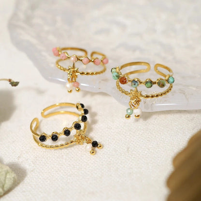 Bijoux Charm Bague à Charms Blanches et Roses Dorée