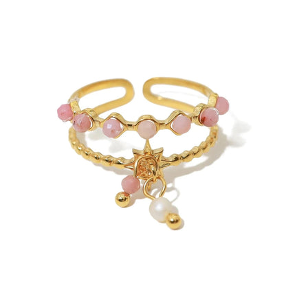 Bijoux Charm Bague à Charms Blanches et Roses Dorée