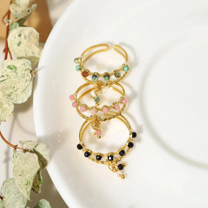 Bijoux Charm Bague à charms blanches et vertes dorée