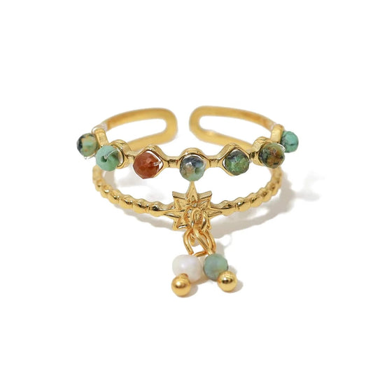 Bijoux Charm Bague à charms blanches et vertes dorée