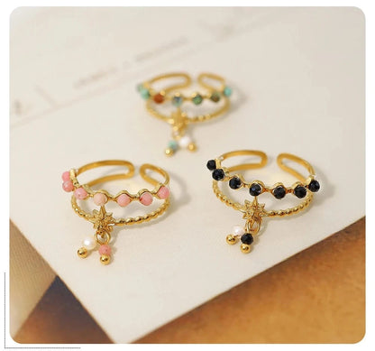 Bijoux Charm Bague à charms blanches et vertes dorée