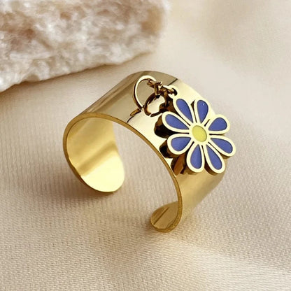 Bijoux Charm Bague Charm Ajustable à Fleur Bleue et Dorée