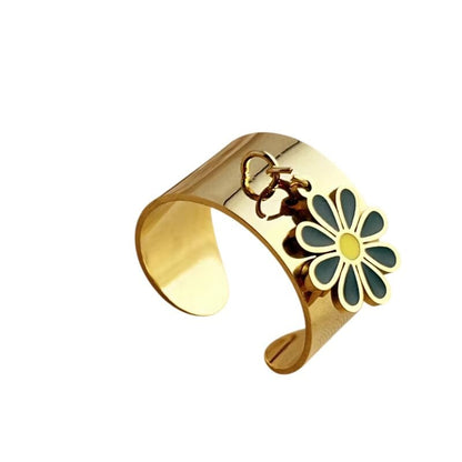 Bijoux Charm Bague charm ajustable à fleur verte et dorée