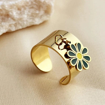 Bijoux Charm Bague charm ajustable à fleur verte et dorée