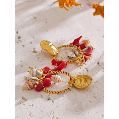 Bijoux Charm Boucles d'oreilles charms coquillage et corail dorées