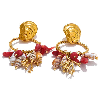 Bijoux Charm Boucles d'oreilles charms coquillage et corail dorées
