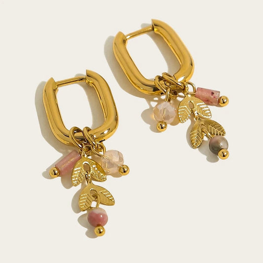 Bijoux Charm Boucles d'oreilles créoles avec charms roses et feuilles dorées