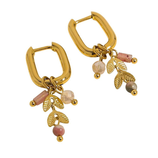Bijoux Charm Boucles d'oreilles créoles avec charms roses et feuilles dorées