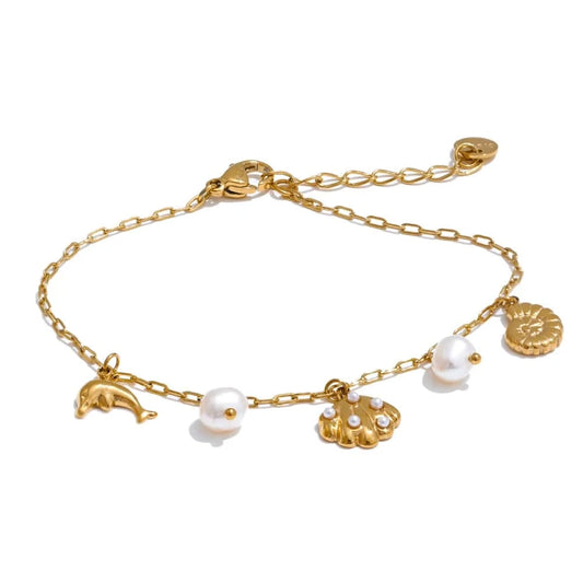 Bijoux Charm Bracelet à Charm avec Coquillage Perlé Doré