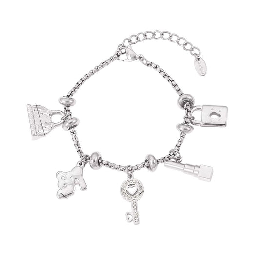 Bijoux Charm Bracelet à charms argenté avec clips et clé brillante