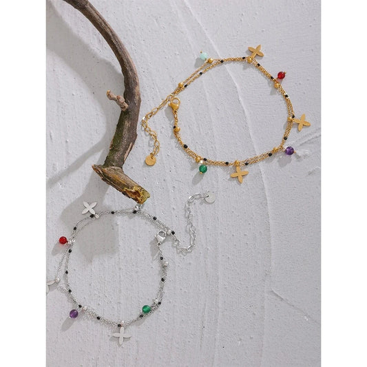 Bijoux Charm Bracelet à charms croix dorées et pierres naturelles