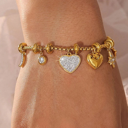 Bijoux Charm Bracelet à Charms doré avec clips et coeurs brillants