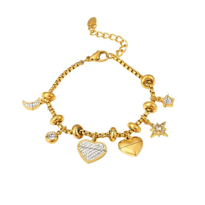 Bijoux Charm Bracelet à Charms doré avec clips et coeurs brillants