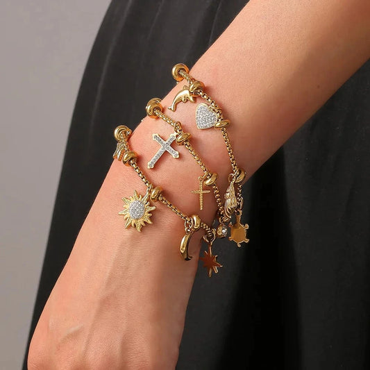 Bijoux Charm Bracelet à Charms Doré avec Clips et Croix