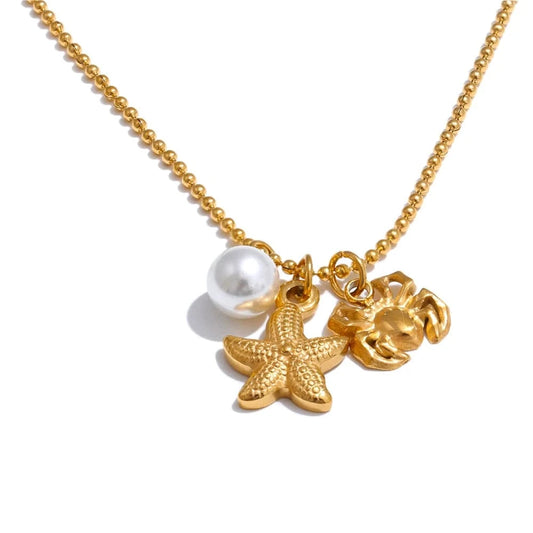 Bijoux Charm Collier à 3 charms perle étoile et crabe doré