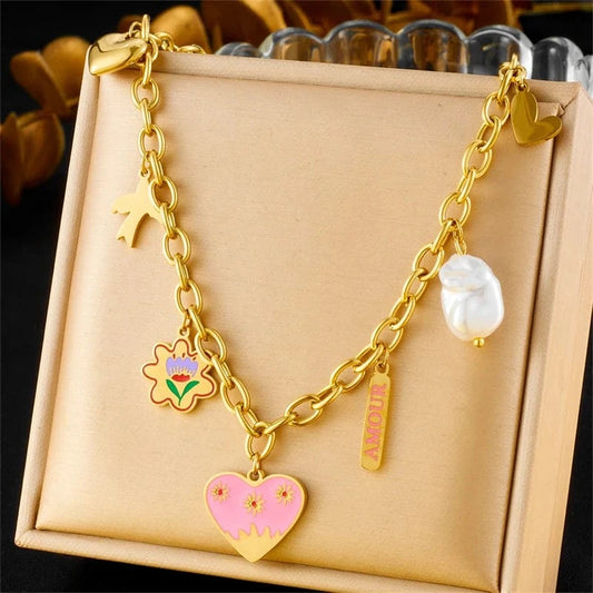 Bijoux Charm Collier à Charm doré et cœur rose