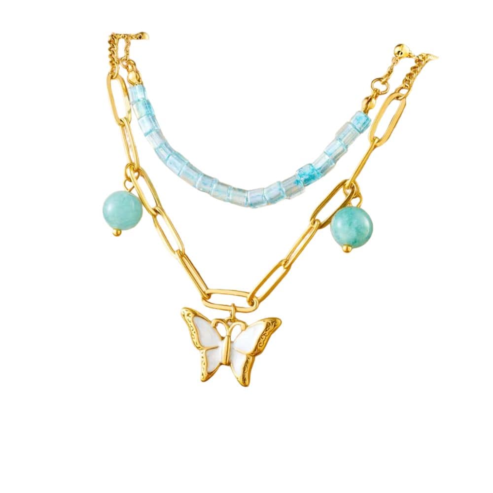 Bijoux Charm Collier à charm doré papillon blanc et perles bleues