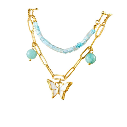 Bijoux Charm Collier à charm doré papillon blanc et perles bleues