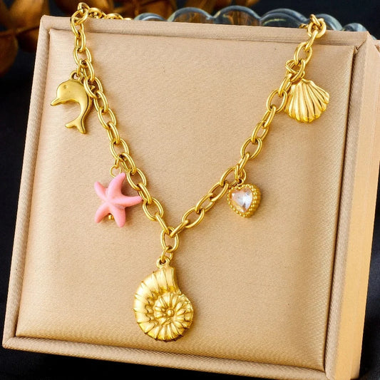 Bijoux Charm Collier à Charm étoile de mer avec coquillage doré