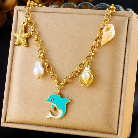 Bijoux Charm Collier à charm's avec dauphin bleu doré